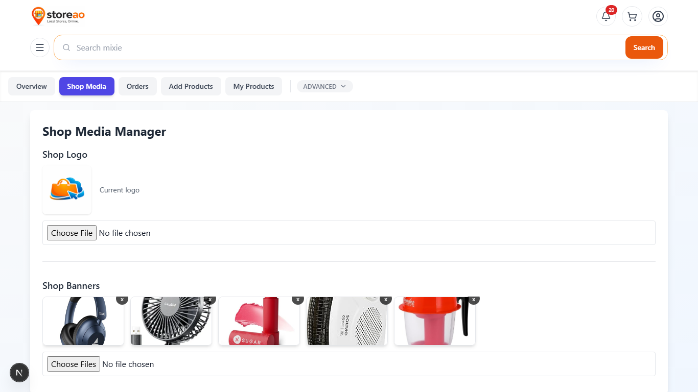 StoreAO owner media upload screen for logo and banners