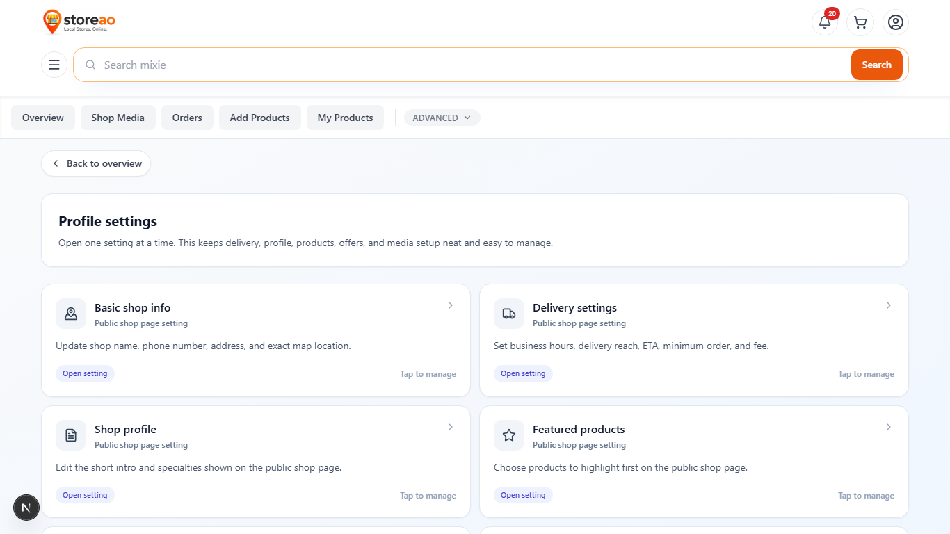 StoreAO owner profile settings screen