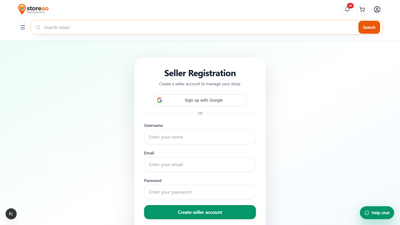 StoreAO seller registration screen