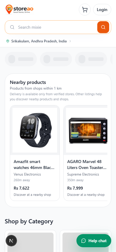 StoreAO home page with search, location, categories, and local shops